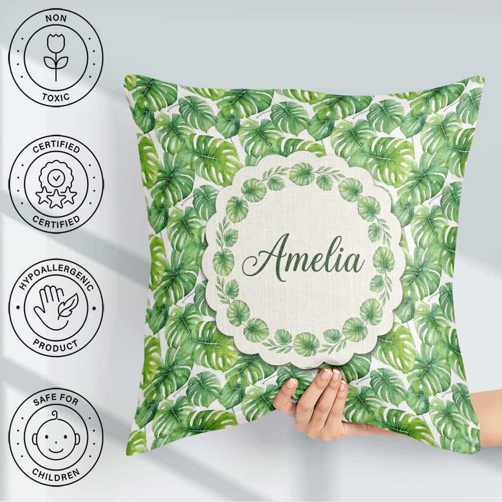 Custom Name Green Tropical Monstera on White Background Seamless Square Filled Cushion Throw Pillow Sofa Bed Home Decor Zip Washable UK Made