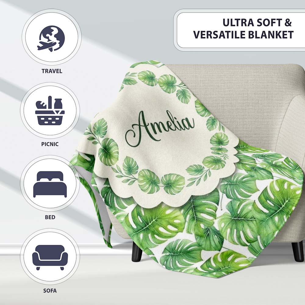 Green Tropical Monstera Leaves on White Background Seamless Pattern  Personalised Custom Name Super Soft Fleece Blanket Bed Sofa Throw