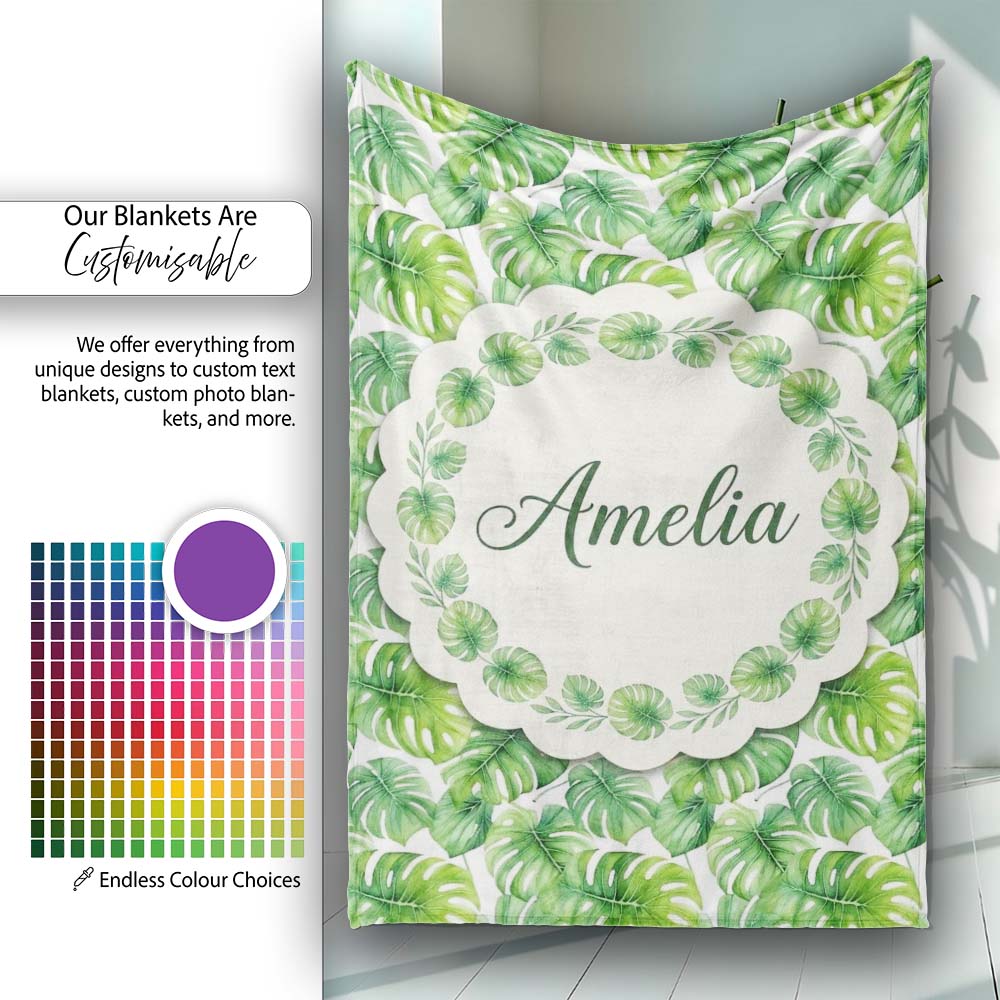 Green Tropical Monstera Leaves on White Background Seamless Pattern  Personalised Custom Name Super Soft Fleece Blanket Bed Sofa Throw