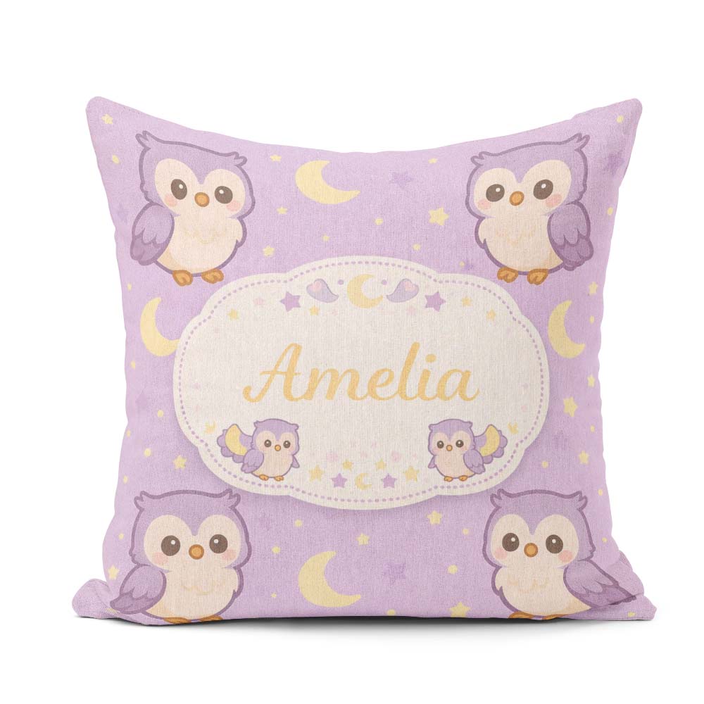 Custom Name Cute Night Owl Moon Cartoon Animal Pattern Decor Square Filled Cushion Throw Pillow Sofa Bed Home Decor Zip Washable UK Made
