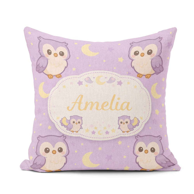 Custom Name Cute Night Owl Moon Cartoon Animal Pattern Decor Square Filled Cushion Throw Pillow Sofa Bed Home Decor Zip Washable UK Made