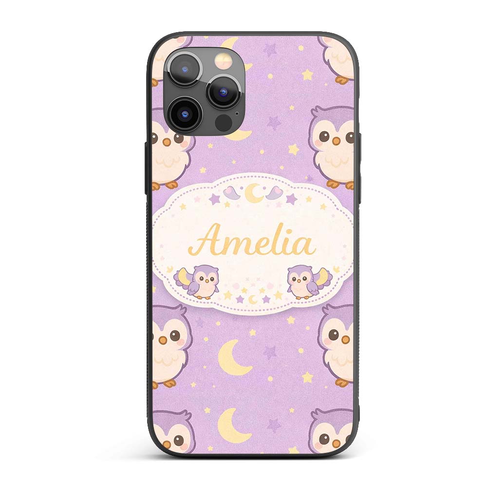 Cute Night Owl Moon Cartoon Animal Printed Design Custom Name Protective Phone Case Mobile Cover Durable Everyday Smartphone Shock Resistant
