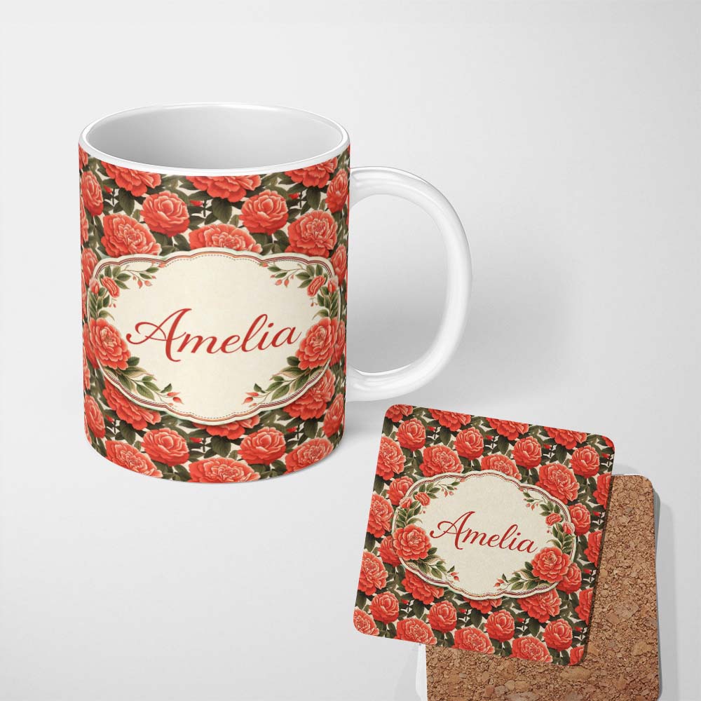 Personalized Custom Name Blush Pink Peony Floral Seamless Pattern Perfect Gift for Her Lovely 11oz Ceramic Coffee Tea Mug White Large Handle