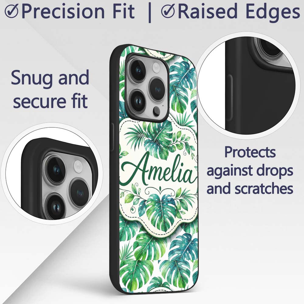 Soft Watercolor Monstera Leaves in Fresh Green Custom Name Protective Phone Case Mobile Cover Durable Everyday Smartphone Shock Resistant