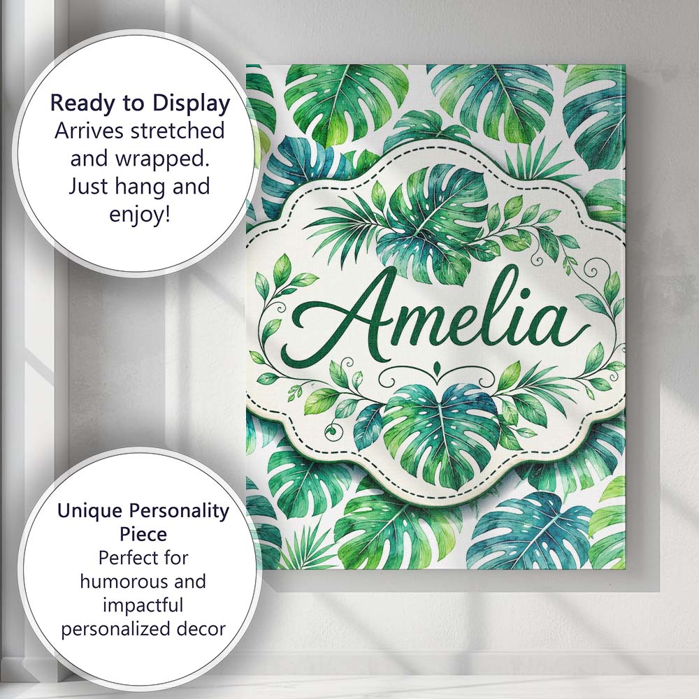Personalised Name Soft Watercolor Monstera Custom  Unique Gift Idea Elegant Feature Canvas Wall Art Print Decor Picture Ready to Hang