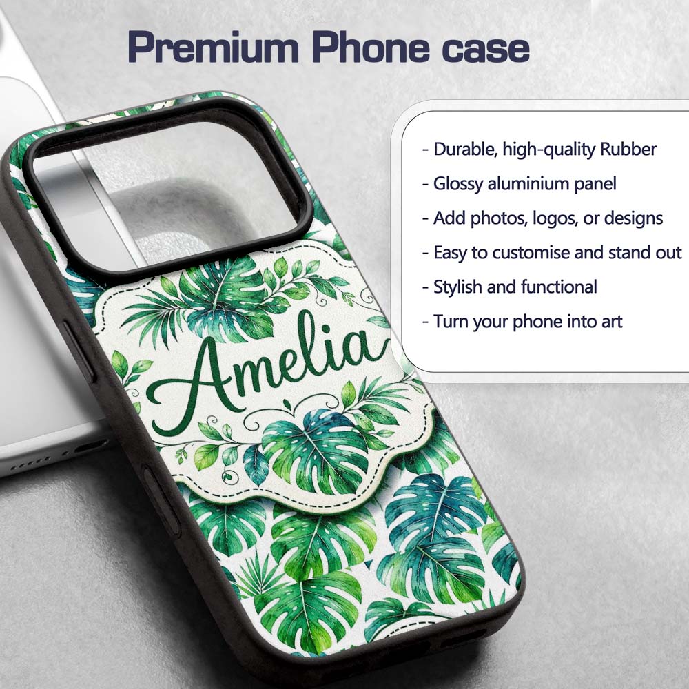 Soft Watercolor Monstera Leaves in Fresh Green Custom Name Protective Phone Case Mobile Cover Durable Everyday Smartphone Shock Resistant