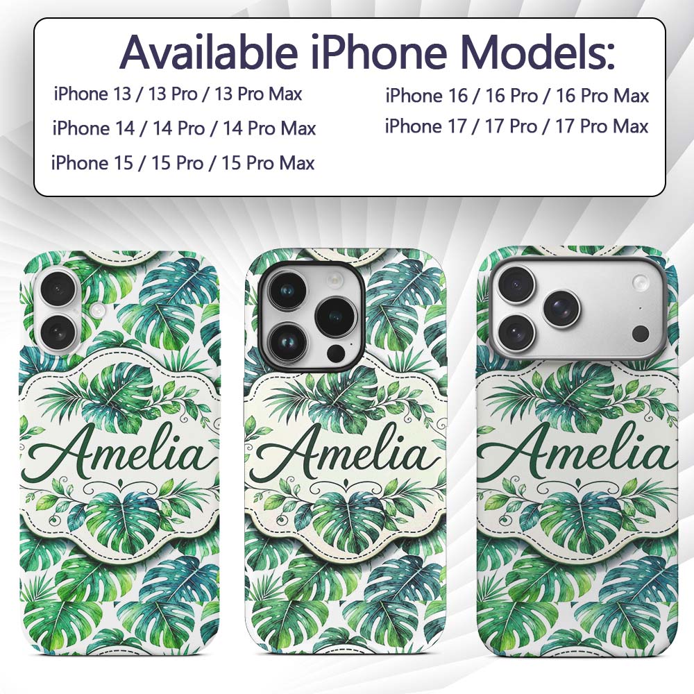 Soft Watercolor Monstera Leaves in Fresh Green Custom Name Protective Phone Case Mobile Cover Durable Everyday Smartphone Shock Resistant