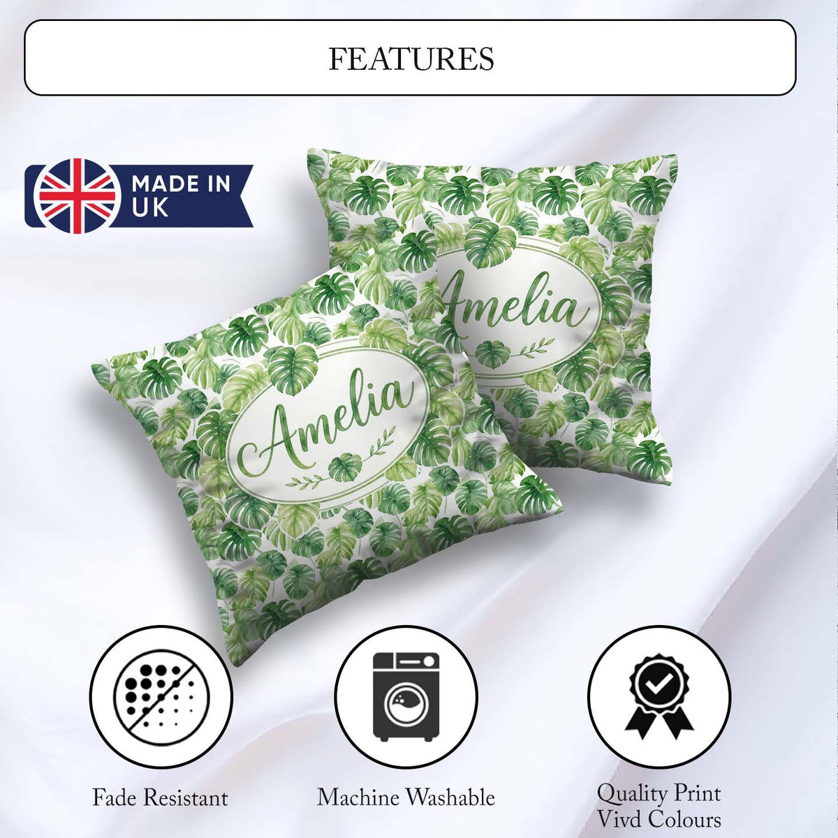 Custom Name Light Green Botanical Monstera Leaf Seamless Pattern Square Filled Cushion Throw Pillow Sofa Bed Home Decor Zip Washable UK Made