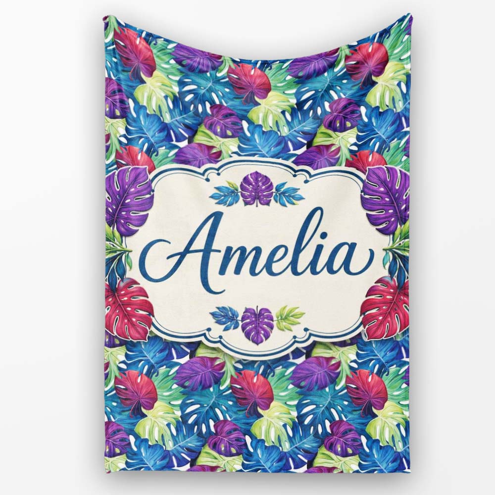 Vibrant Tropical Monstera Leaves in Bold Multicolor Seamless Pattern  Personalised Custom Name Super Soft Fleece Blanket Bed Sofa Throw