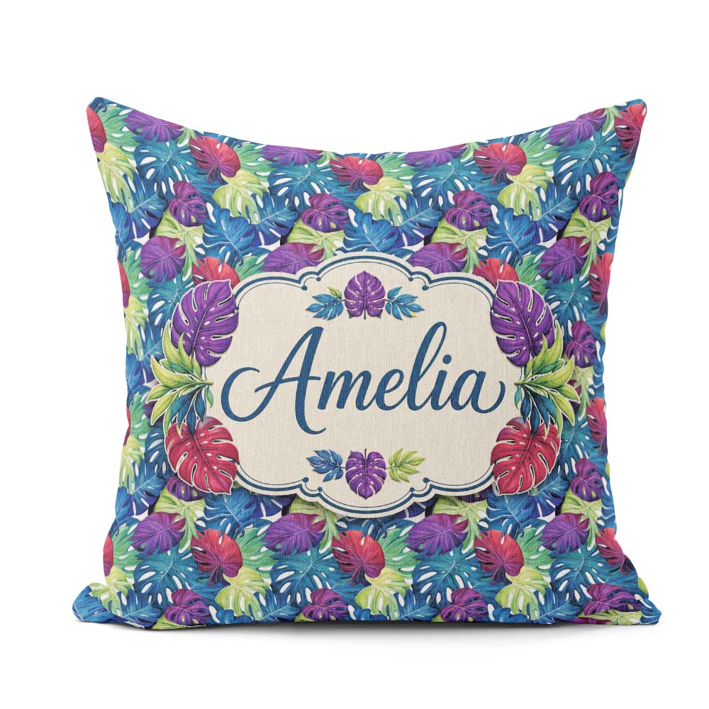 Custom Name Tropical Monstera Leaves in Bold Multicolor Seamless Square Filled Cushion Throw Pillow Sofa Bed Home Decor Zip Washable UK Made