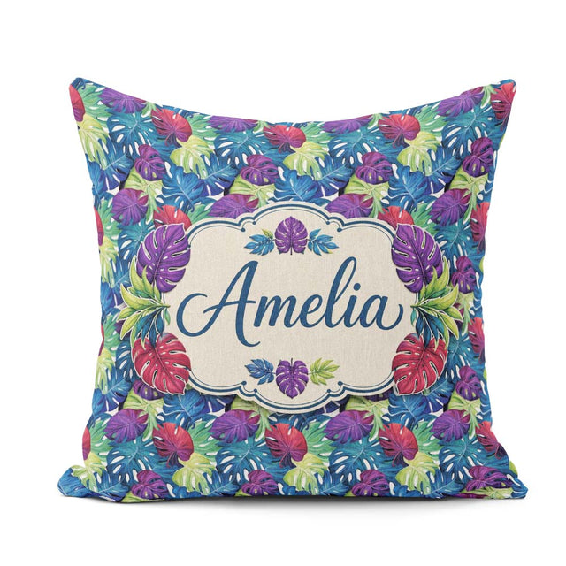 Custom Name Tropical Monstera Leaves in Bold Multicolor Seamless Square Filled Cushion Throw Pillow Sofa Bed Home Decor Zip Washable UK Made