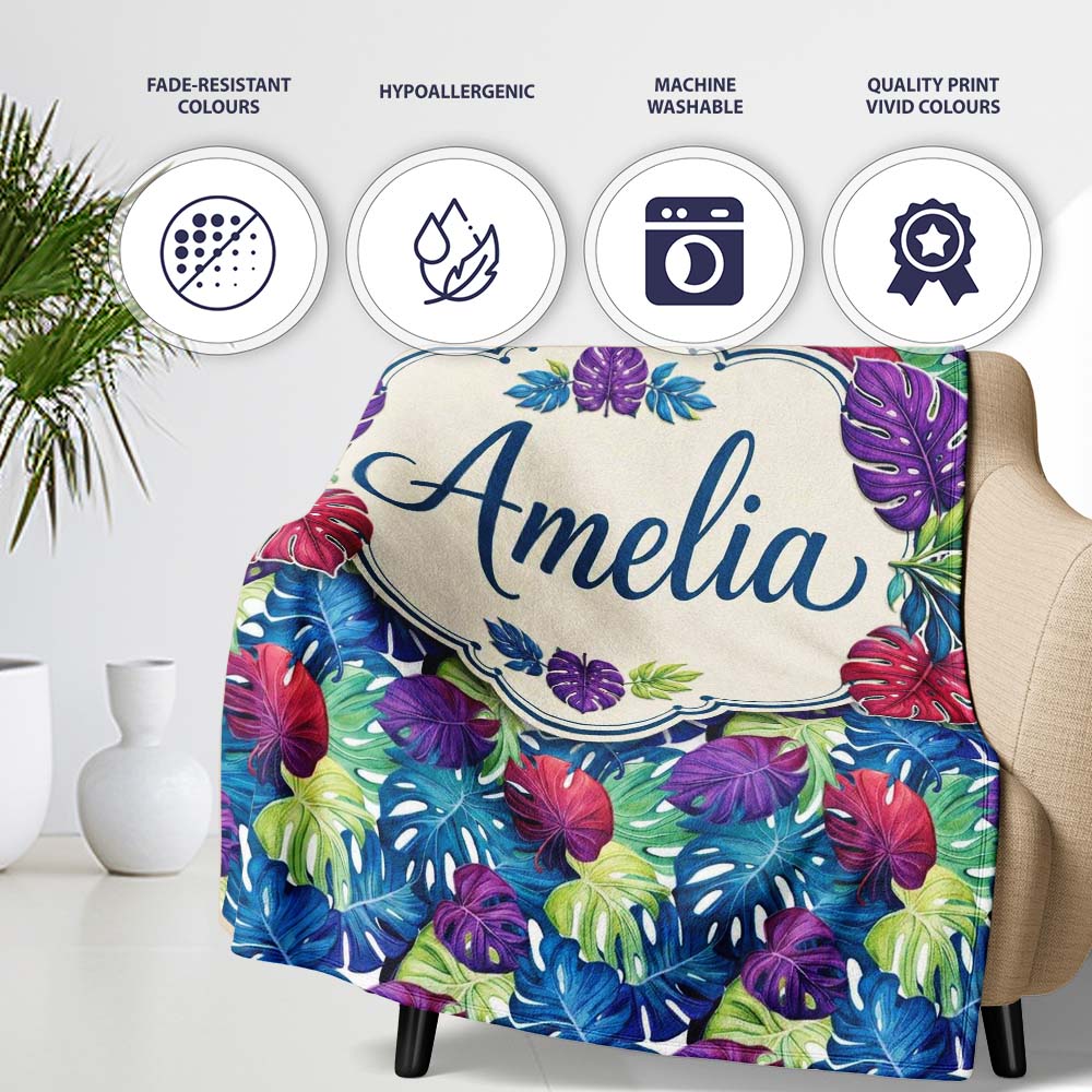 Vibrant Tropical Monstera Leaves in Bold Multicolor Seamless Pattern  Personalised Custom Name Super Soft Fleece Blanket Bed Sofa Throw