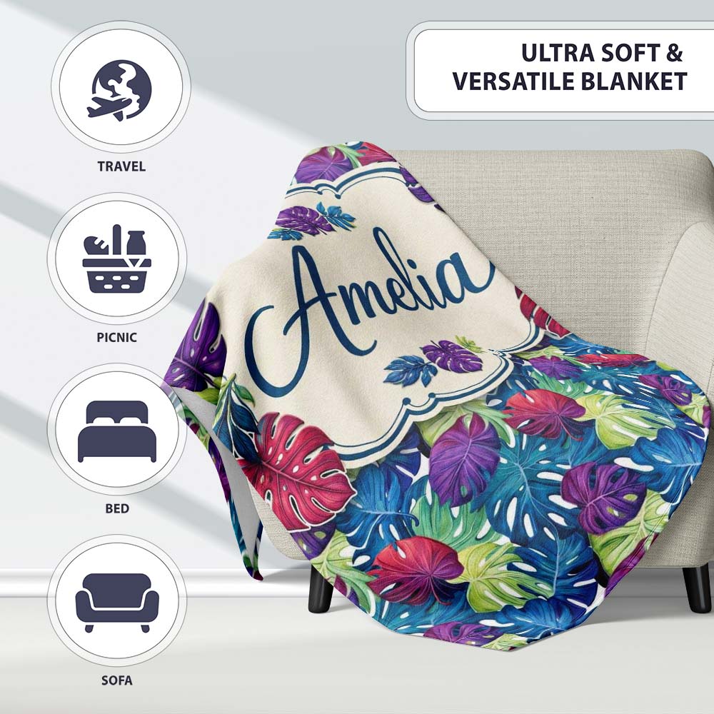 Vibrant Tropical Monstera Leaves in Bold Multicolor Seamless Pattern  Personalised Custom Name Super Soft Fleece Blanket Bed Sofa Throw