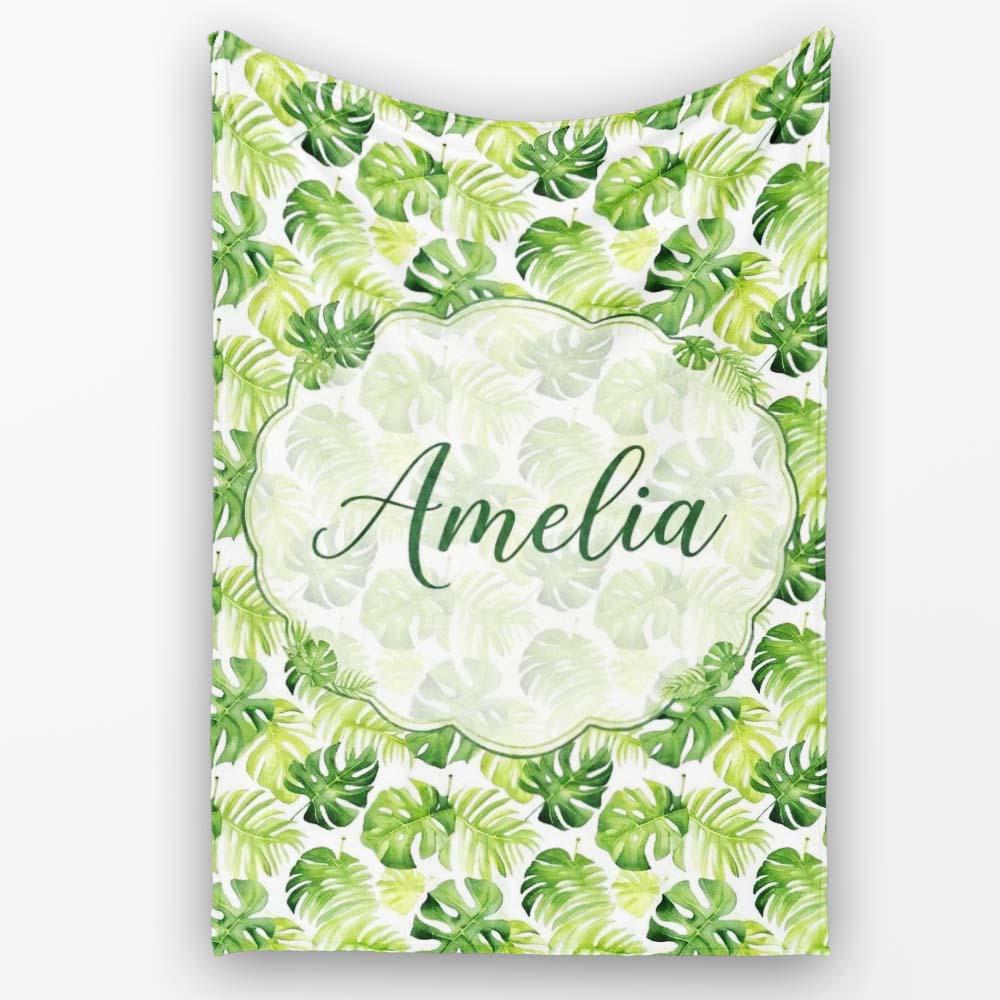 Fresh Green Monstera and Palm Leaves Jungle Seamless Pattern Lovely  Personalised Custom Name Super Soft Fleece Blanket Bed Sofa Throw
