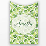 Fresh Green Monstera and Palm Leaves Jungle Seamless Pattern Lovely  Personalised Custom Name Super Soft Fleece Blanket Bed Sofa Throw