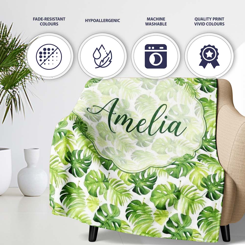 Fresh Green Monstera and Palm Leaves Jungle Seamless Pattern Lovely  Personalised Custom Name Super Soft Fleece Blanket Bed Sofa Throw