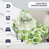 Fresh Green Monstera and Palm Leaves Jungle Seamless Pattern Lovely  Personalised Custom Name Super Soft Fleece Blanket Bed Sofa Throw