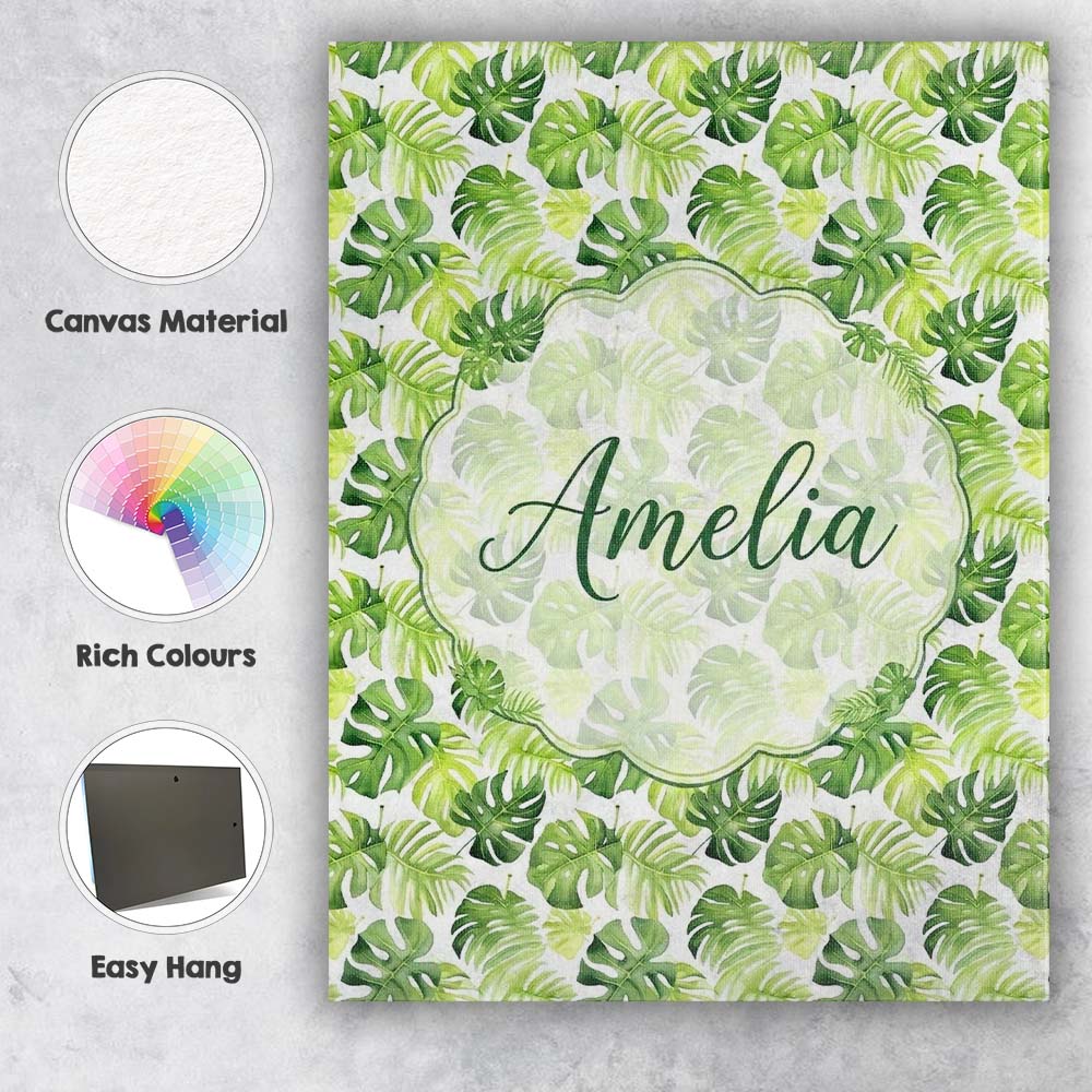 Personalised Name Fresh Green Monstera and Custom  Unique Gift Idea Elegant Feature Canvas Wall Art Print Decor Picture Ready to Hang