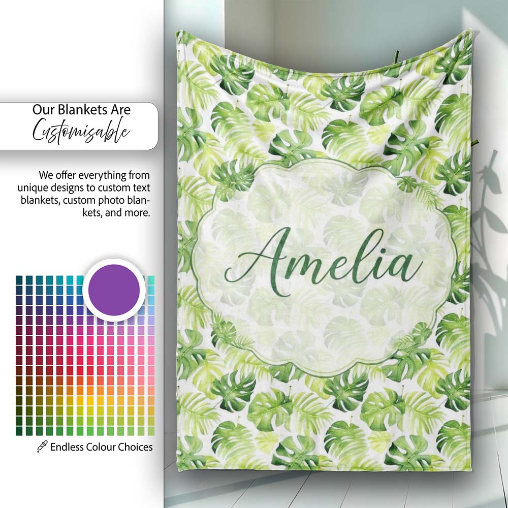 Fresh Green Monstera and Palm Leaves Jungle Seamless Pattern Lovely  Personalised Custom Name Super Soft Fleece Blanket Bed Sofa Throw