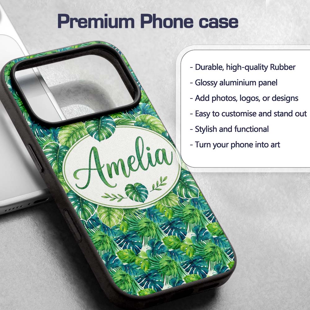 Layered Green Tropical Leaves Botanical Seamless Custom Name Protective Phone Case Mobile Cover Durable Everyday Smartphone Shock Resistant
