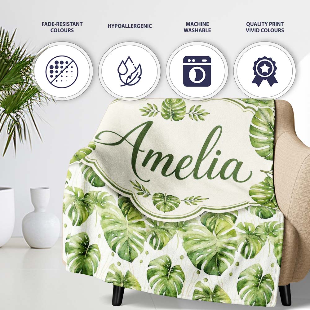 Elegant Monstera Leaves with Soft Neutral Background Seamless Lovely  Personalised Custom Name Super Soft Fleece Blanket Bed Sofa Throw
