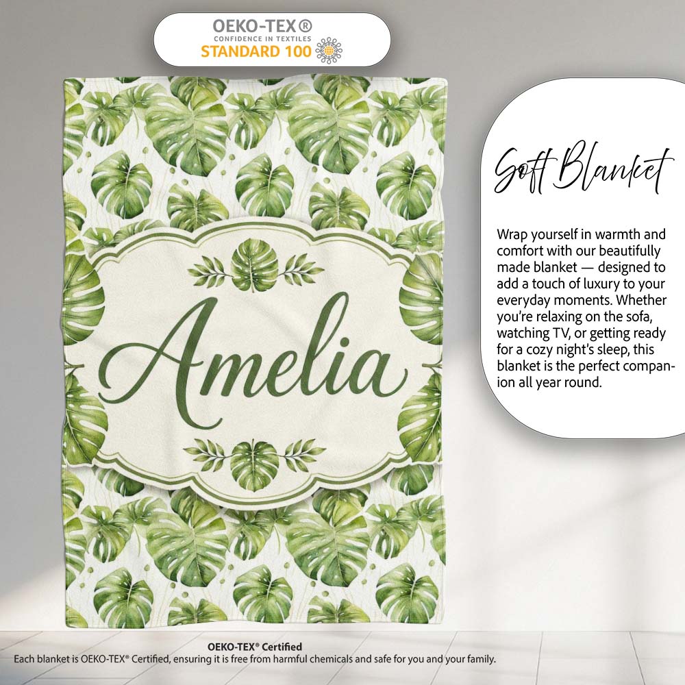 Elegant Monstera Leaves with Soft Neutral Background Seamless Lovely  Personalised Custom Name Super Soft Fleece Blanket Bed Sofa Throw