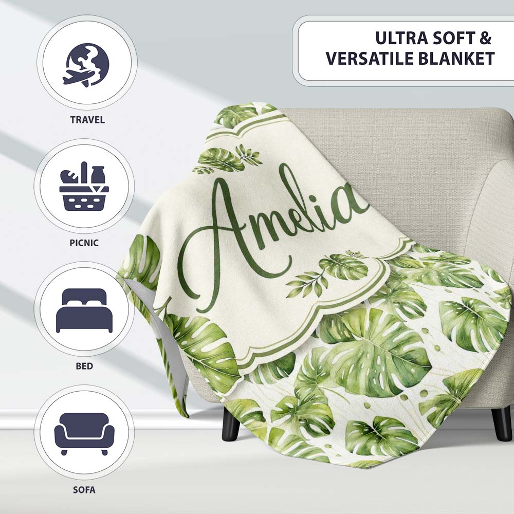 Elegant Monstera Leaves with Soft Neutral Background Seamless Lovely  Personalised Custom Name Super Soft Fleece Blanket Bed Sofa Throw