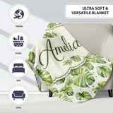 Elegant Monstera Leaves with Soft Neutral Background Seamless Lovely  Personalised Custom Name Super Soft Fleece Blanket Bed Sofa Throw