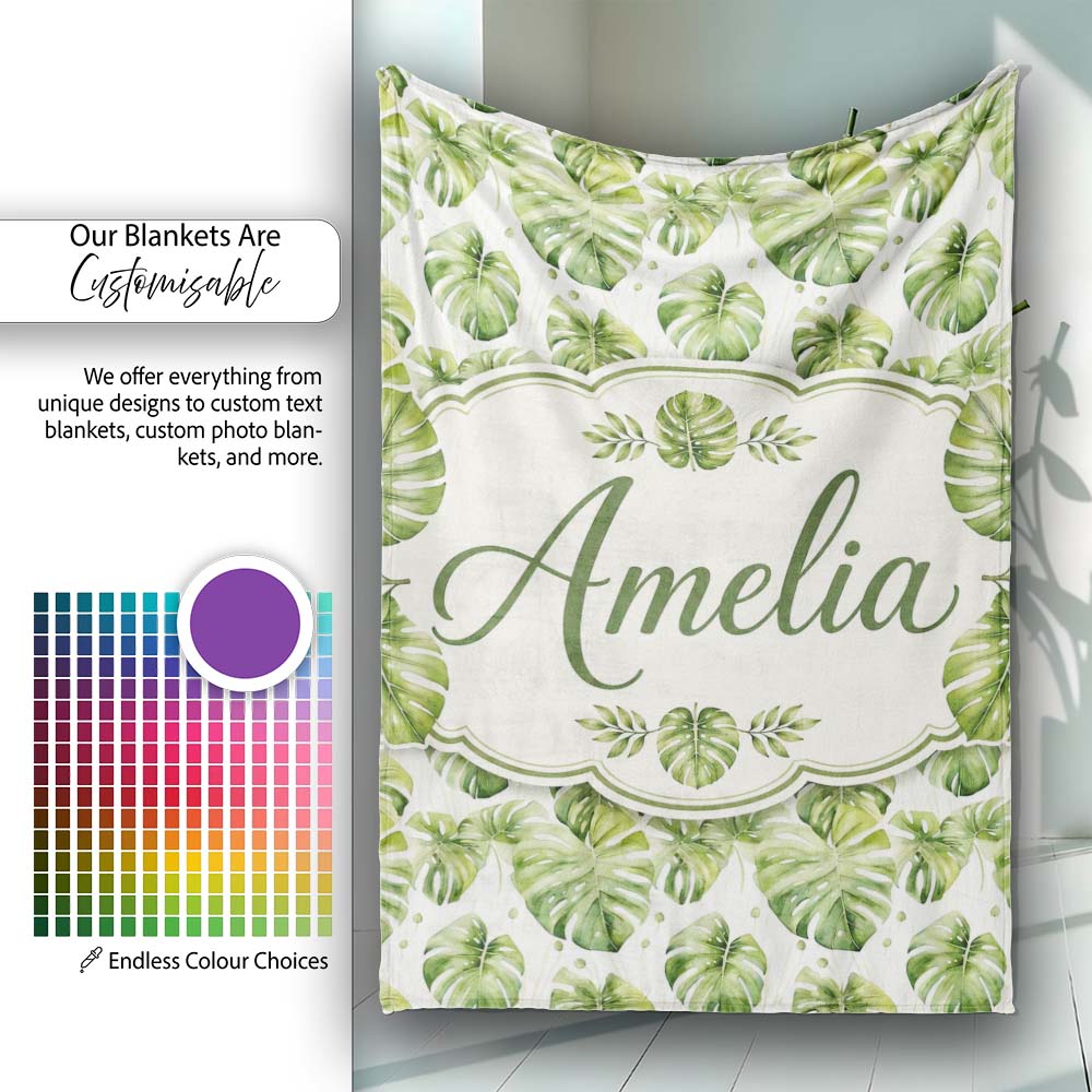 Elegant Monstera Leaves with Soft Neutral Background Seamless Lovely  Personalised Custom Name Super Soft Fleece Blanket Bed Sofa Throw
