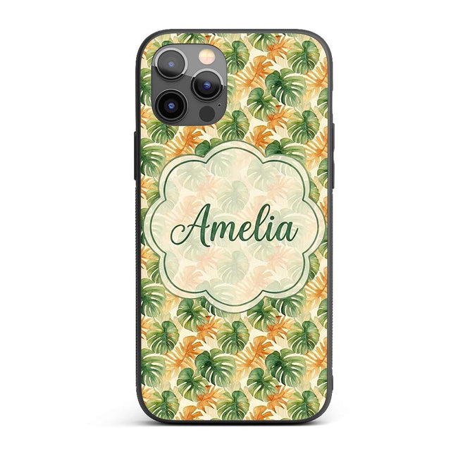 Green and Warm Orange Tropical Monstera Leaves Custom Name Protective Phone Case Mobile Cover Durable Everyday Smartphone Shock Resistant