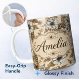 Personalized Custom Name Vintage Neutral Floral Detailed Flowers and Leopard Print Panel 11oz Ceramic Coffee Tea Mug White Large Handle