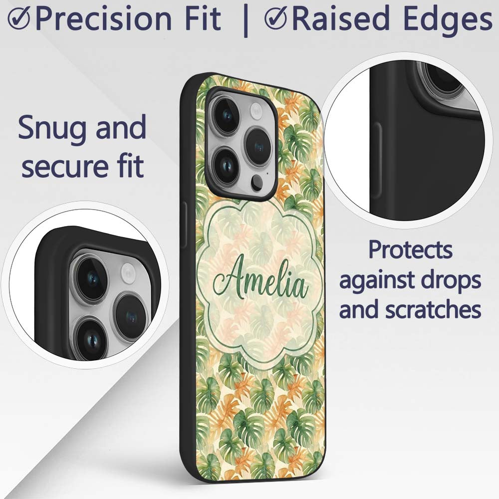 Green and Warm Orange Tropical Monstera Leaves Custom Name Protective Phone Case Mobile Cover Durable Everyday Smartphone Shock Resistant