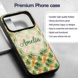 Green and Warm Orange Tropical Monstera Leaves Custom Name Protective Phone Case Mobile Cover Durable Everyday Smartphone Shock Resistant