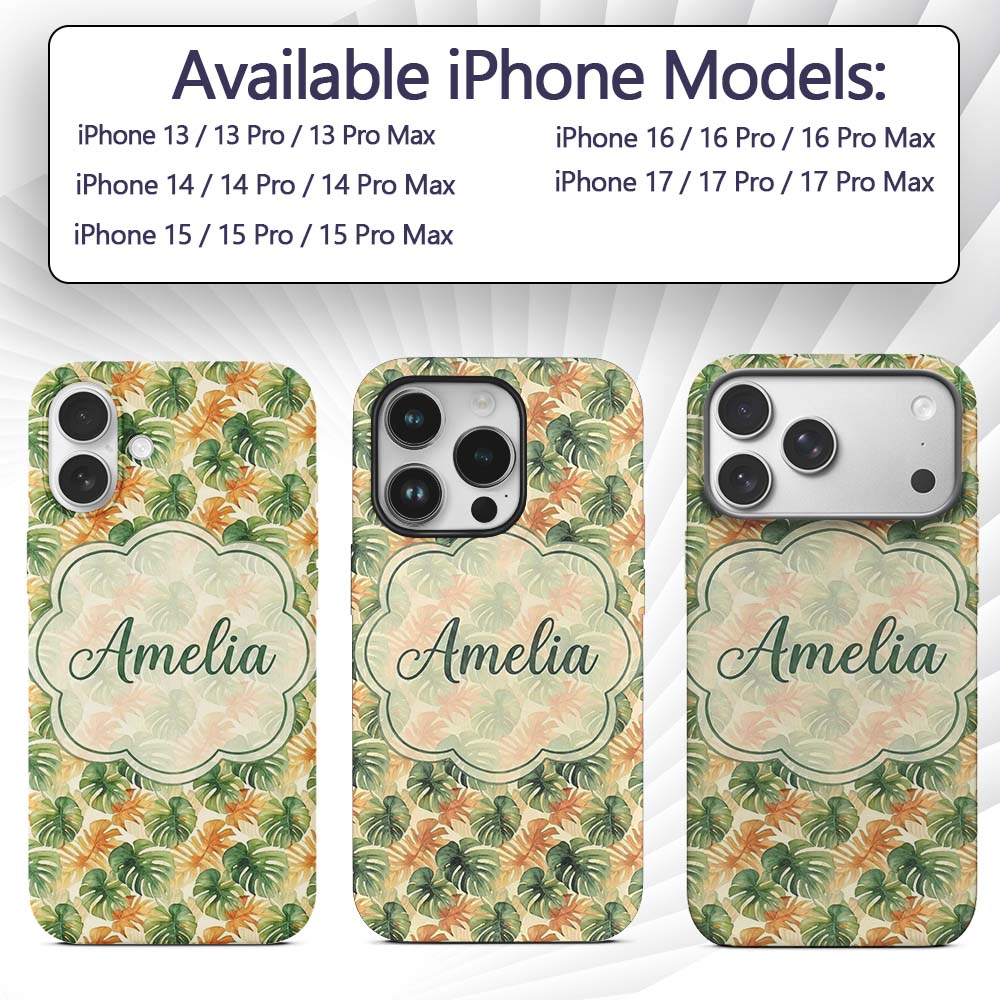 Green and Warm Orange Tropical Monstera Leaves Custom Name Protective Phone Case Mobile Cover Durable Everyday Smartphone Shock Resistant