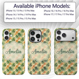 Green and Warm Orange Tropical Monstera Leaves Custom Name Protective Phone Case Mobile Cover Durable Everyday Smartphone Shock Resistant