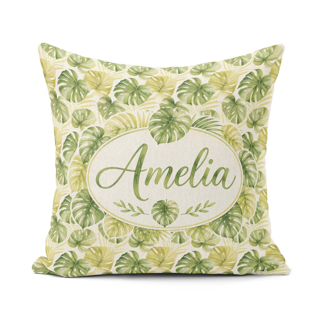 Custom Name Soft Green Yellow Monstera Leaves Botanical Seamless Square Filled Cushion Throw Pillow Sofa Bed Home Decor Zip Washable UK Made