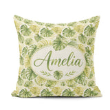 Custom Name Soft Green Yellow Monstera Leaves Botanical Seamless Square Filled Cushion Throw Pillow Sofa Bed Home Decor Zip Washable UK Made