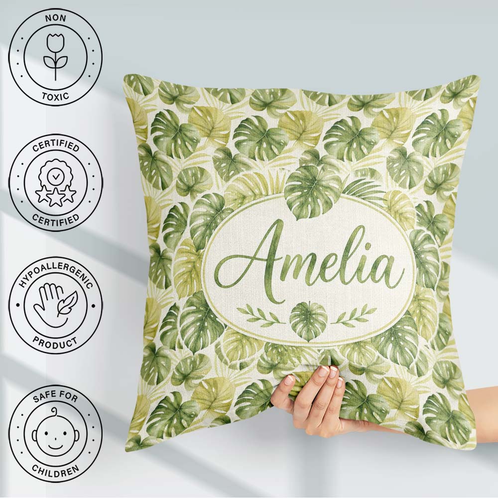 Custom Name Soft Green Yellow Monstera Leaves Botanical Seamless Square Filled Cushion Throw Pillow Sofa Bed Home Decor Zip Washable UK Made