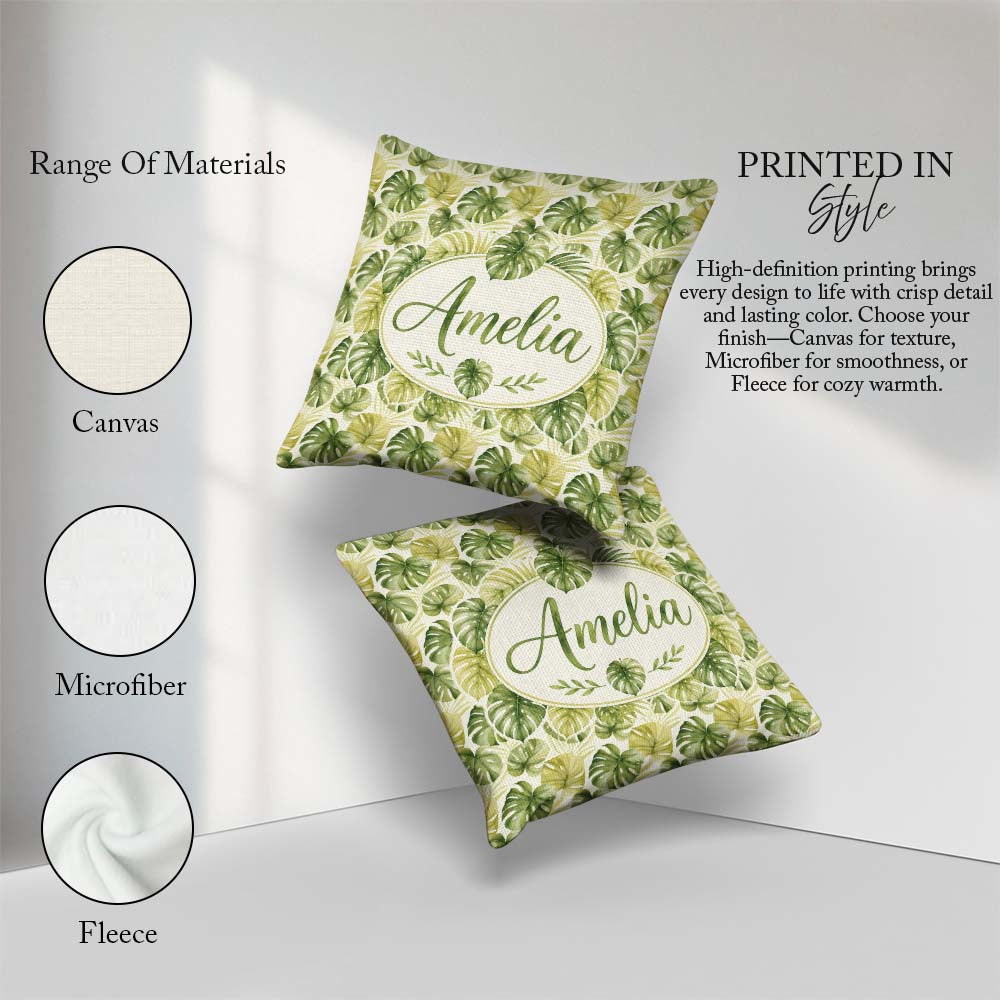 Custom Name Soft Green Yellow Monstera Leaves Botanical Seamless Square Filled Cushion Throw Pillow Sofa Bed Home Decor Zip Washable UK Made
