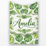 Classic Green Monstera and Palm Leaves Tropical Seamless Pattern  Personalised Custom Name Super Soft Fleece Blanket Bed Sofa Throw