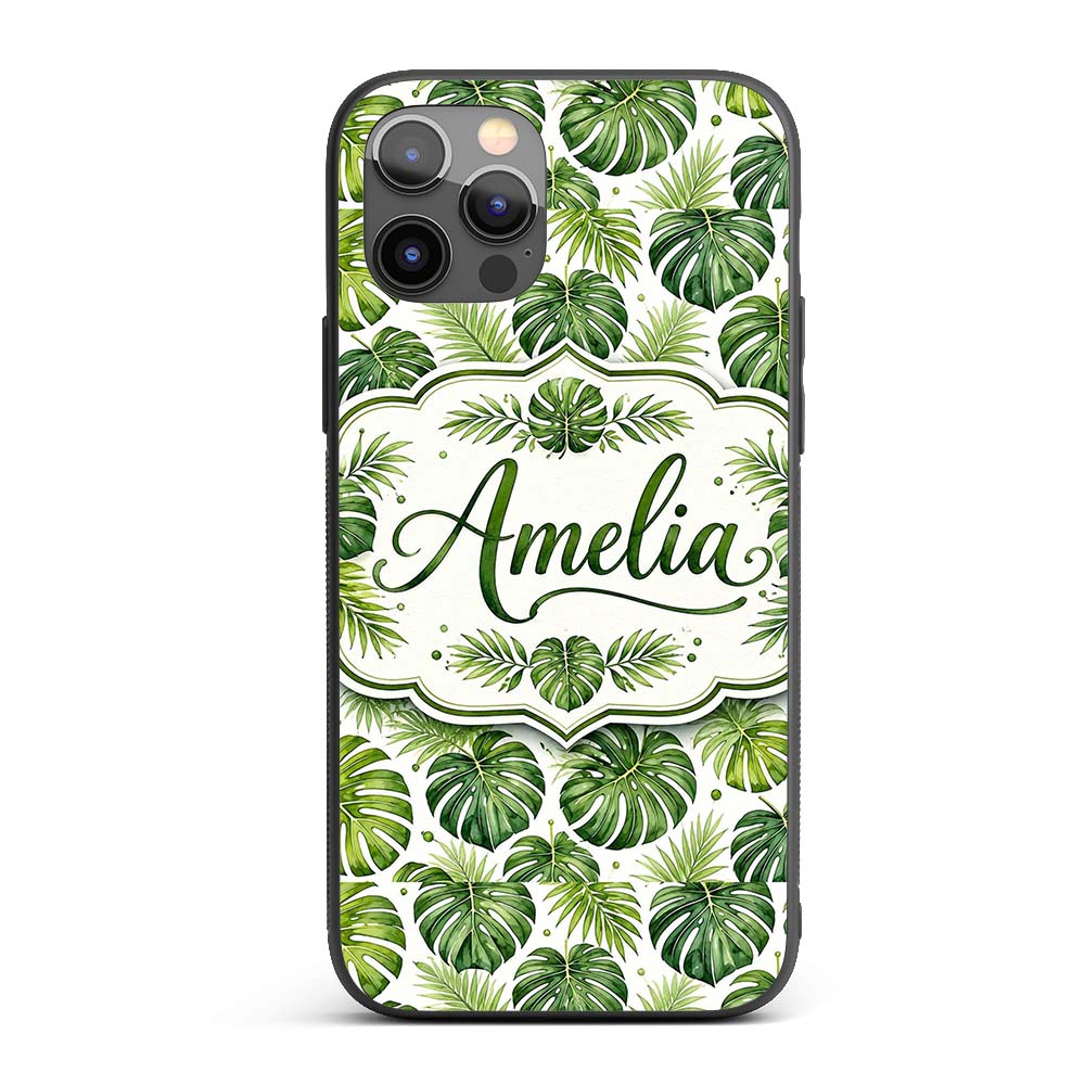 Classic Green Monstera and Palm Leaves Tropical Custom Name Protective Phone Case Mobile Cover Durable Everyday Smartphone Shock Resistant