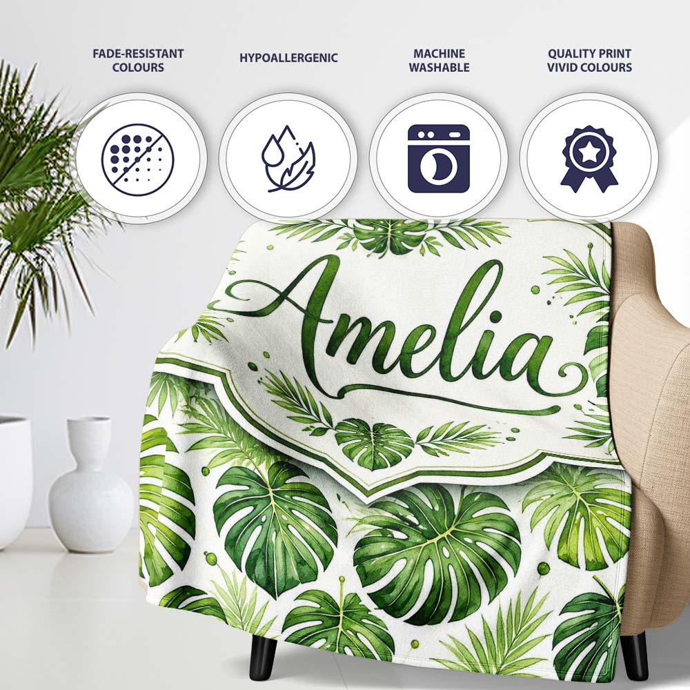 Classic Green Monstera and Palm Leaves Tropical Seamless Pattern  Personalised Custom Name Super Soft Fleece Blanket Bed Sofa Throw