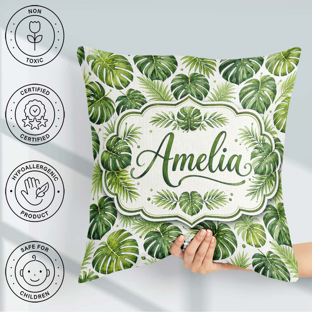 Custom Name Classic Green Monstera Palm Leaves Tropical Seamless Square Filled Cushion Throw Pillow Sofa Bed Home Decor Zip Washable UK Made