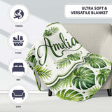 Classic Green Monstera and Palm Leaves Tropical Seamless Pattern  Personalised Custom Name Super Soft Fleece Blanket Bed Sofa Throw