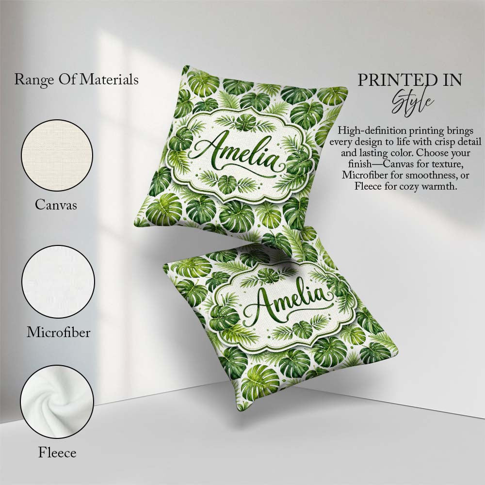 Custom Name Classic Green Monstera Palm Leaves Tropical Seamless Square Filled Cushion Throw Pillow Sofa Bed Home Decor Zip Washable UK Made