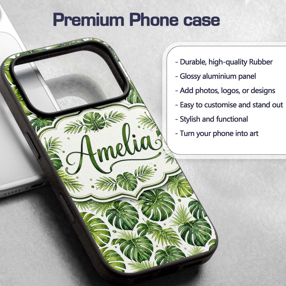 Classic Green Monstera and Palm Leaves Tropical Custom Name Protective Phone Case Mobile Cover Durable Everyday Smartphone Shock Resistant