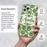 Classic Green Monstera and Palm Leaves Tropical Custom Name Protective Phone Case Mobile Cover Durable Everyday Smartphone Shock Resistant