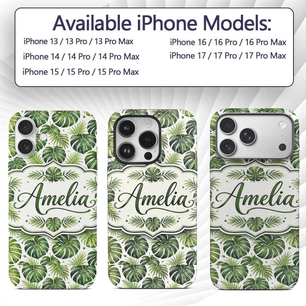 Classic Green Monstera and Palm Leaves Tropical Custom Name Protective Phone Case Mobile Cover Durable Everyday Smartphone Shock Resistant