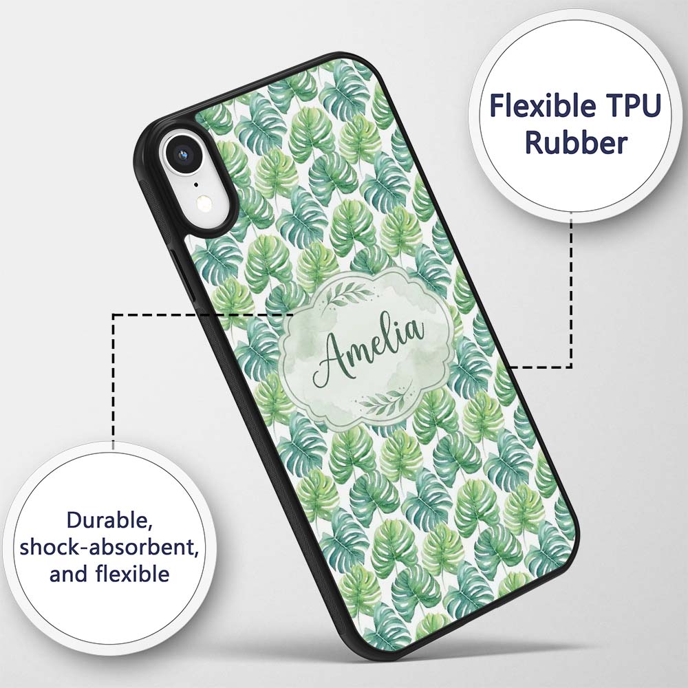 Fresh Watercolor Monstera Leaves in Soft Green Custom Name Protective Phone Case Mobile Cover Durable Everyday Smartphone Shock Resistant