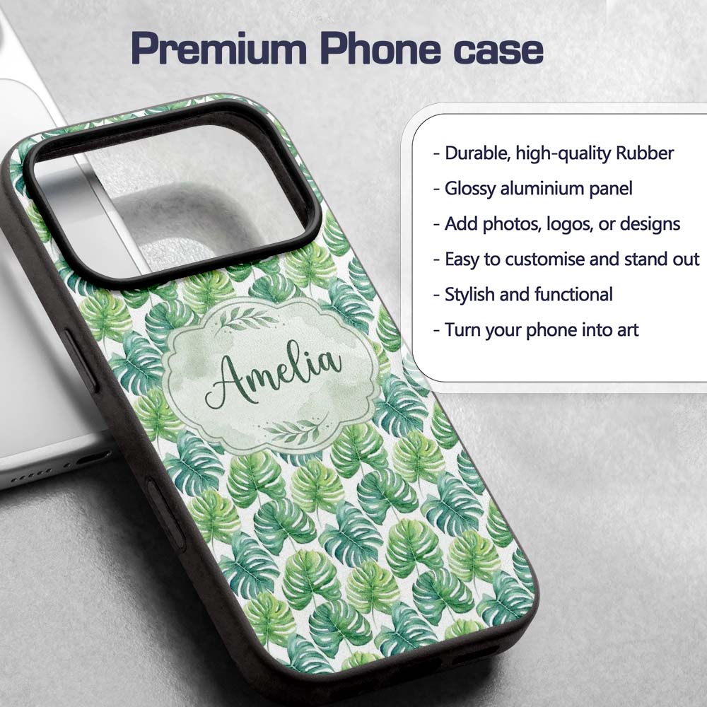 Fresh Watercolor Monstera Leaves in Soft Green Custom Name Protective Phone Case Mobile Cover Durable Everyday Smartphone Shock Resistant